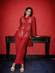 Red Embroidered Hi Low Shirt With Balloon Pants Shae by SASSAFRAS