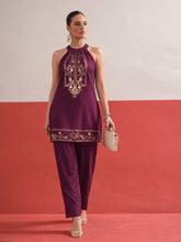 Burgundy Foil Print Halter Neck Kurta With Pants Shae by SASSAFRAS