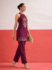Burgundy Foil Print Halter Neck Kurta With Pants Shae by SASSAFRAS