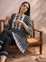 Black Polka Dot Embroidered Short Kurti With Pencil Pants Shae by SASSAFRAS
