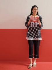 Black Polka Dot Embroidered Short Kurti With Pencil Pants Shae by SASSAFRAS