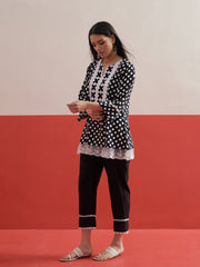 Black Polka Dot Embroidered Short Kurti With Pencil Pants Shae by SASSAFRAS