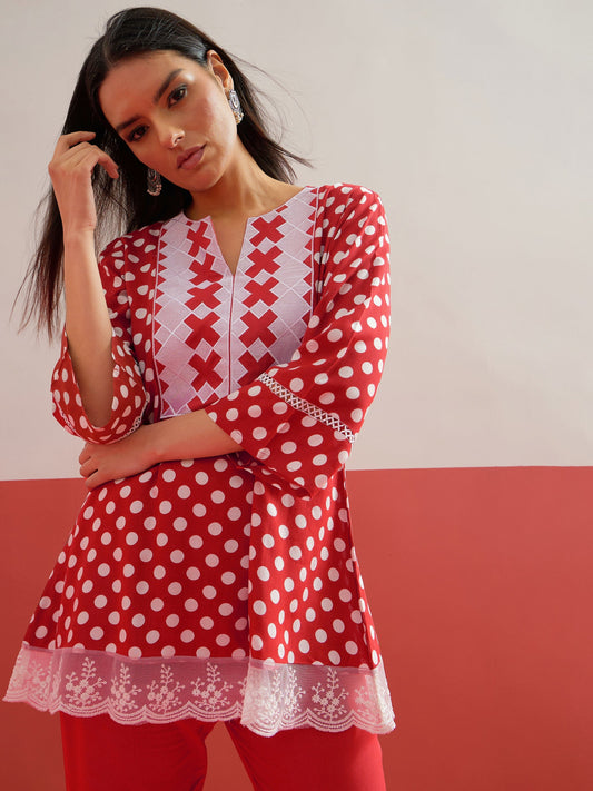 Red Polka Dot Embroidered Short Kurti With Pencil Pants Shae by SASSAFRAS