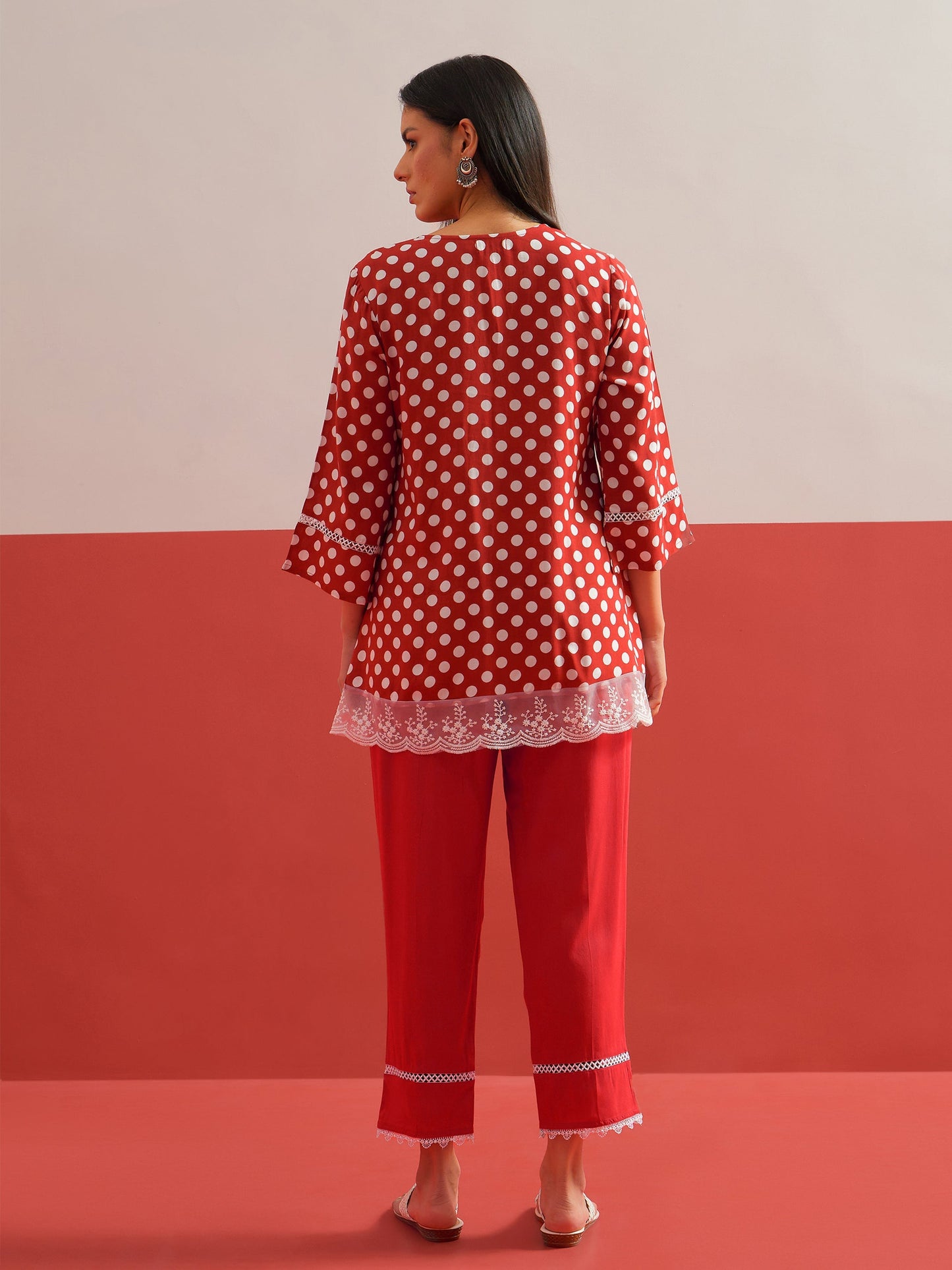 Red Polka Dot Embroidered Short Kurti With Pencil Pants Shae by SASSAFRAS