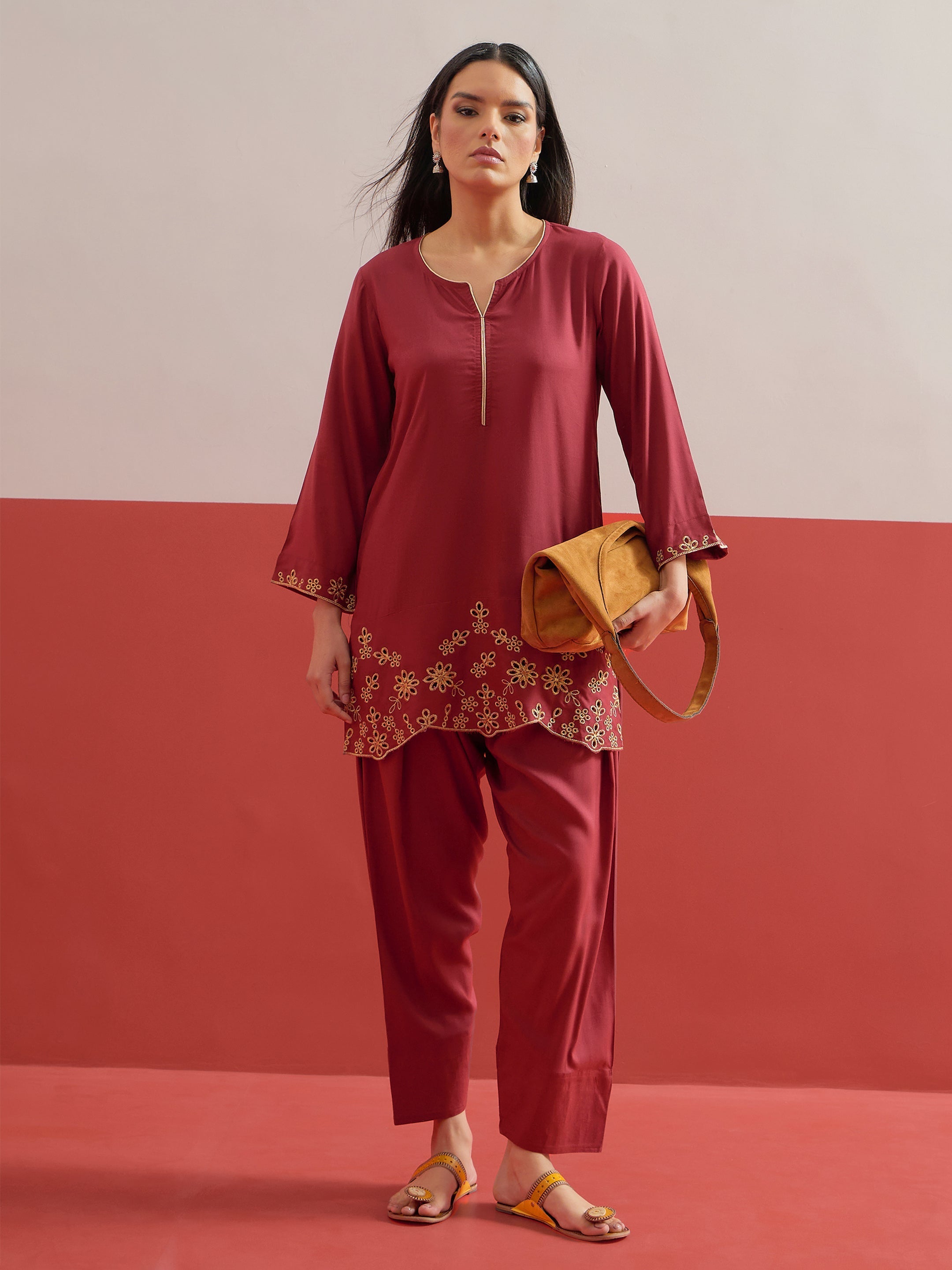 Maroon Zari Embroidered Short Kurti With Pharsi Salwar Shae by SASSAFRAS