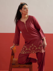 Maroon Zari Embroidered Short Kurti With Pharsi Salwar Shae by SASSAFRAS