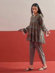 Green Floral Choga Kurta With Pharsi Salwar Shae by SASSAFRAS