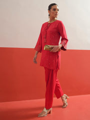 Red All Over Embroidered Short Kurti With Pharsi Salwar Shae by SASSAFRAS