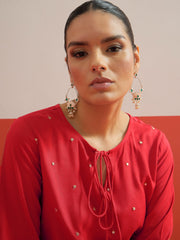 Red All Over Embroidered Short Kurti With Pharsi Salwar Shae by SASSAFRAS