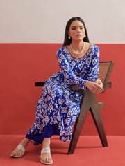 Blue Ikat Print Anarkali Kurta With Pencil Pants Shae by SASSAFRAS