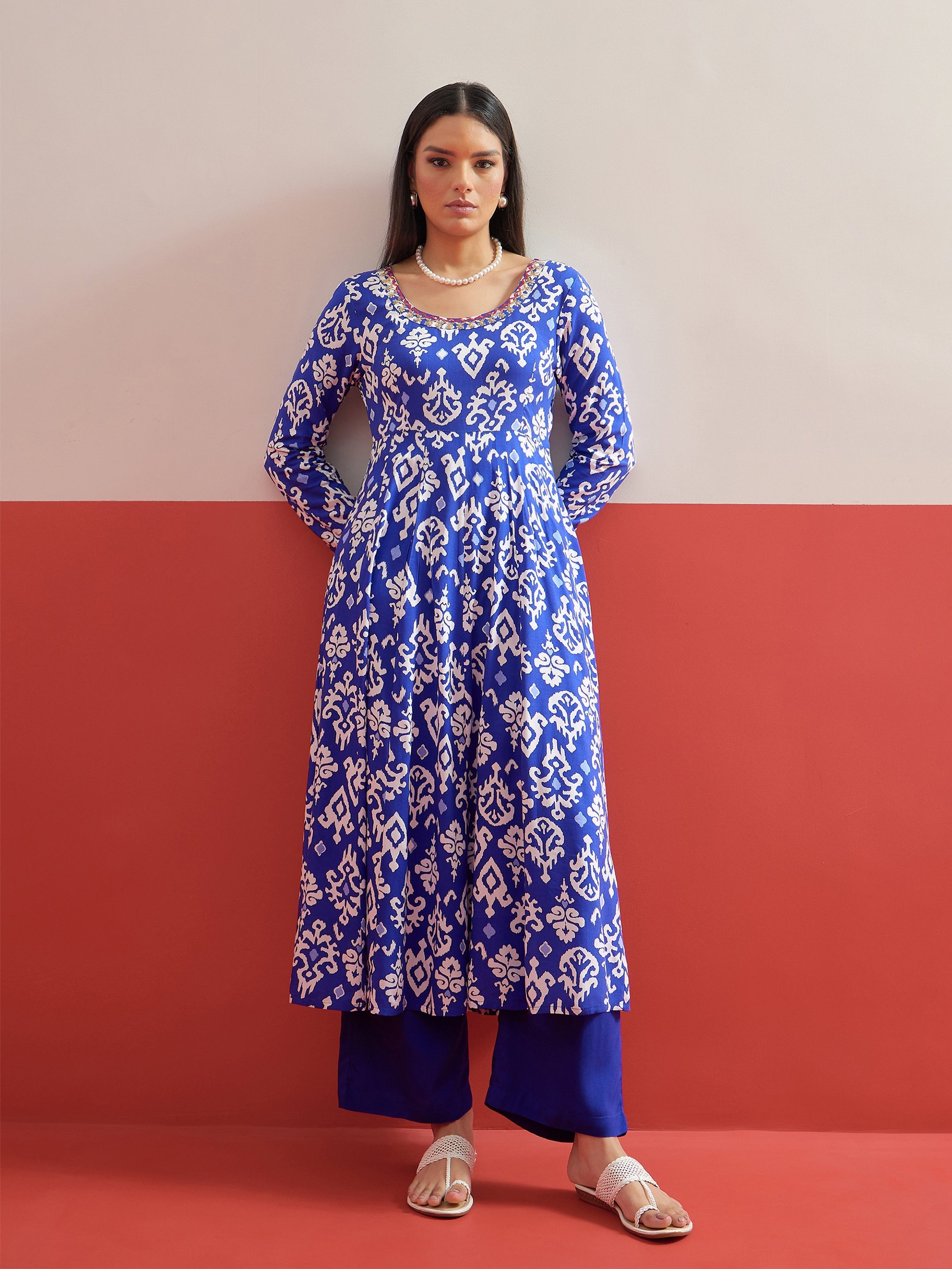 Blue Ikat Print Anarkali Kurta With Pencil Pants Shae by SASSAFRAS