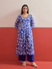 Blue Ikat Print Anarkali Kurta With Pencil Pants Shae by SASSAFRAS
