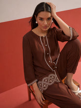 Brown Embroidered Button Down Short Kurti With Pharsi Salwar Shae by SASSAFRAS