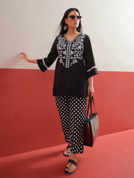 Black Embroidered Short Kurti With Polka Pants Shae by SASSAFRAS