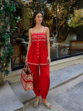 Women Red Embroidered Strappy Peplum Top With Balloon Pants