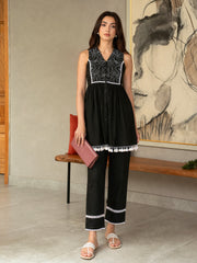 Women Black Embroidered Sleeveless Button Down Top With Pencil Pants