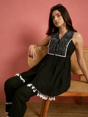 Women Black Embroidered Sleeveless Button Down Top With Pencil Pants