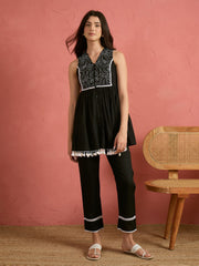 Women Black Embroidered Sleeveless Button Down Top With Pencil Pants