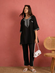 Women Black Embroidered Choga Kurta With Pencil Pants