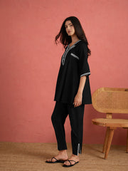 Women Black Embroidered Choga Kurta With Pencil Pants