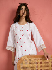 Women White Heart Embroidery Short Kurta With Straight Pants