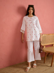 Women White Heart Embroidery Short Kurta With Straight Pants
