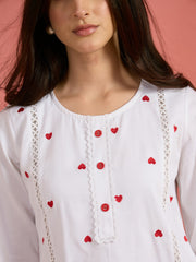 Women White Heart Embroidery Short Kurta With Straight Pants