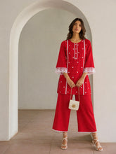 Women Red Heart Embroidery Short Kurta With Straight Pants