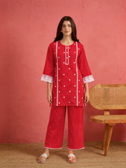 Women Red Heart Embroidery Short Kurta With Straight Pants