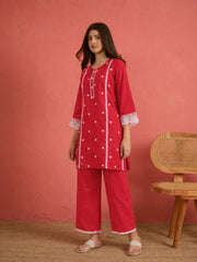 Women Red Heart Embroidery Short Kurta With Straight Pants