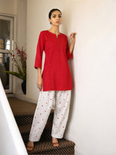 Women Red Solid Short Kurta With Heart Print Farshi Salwar