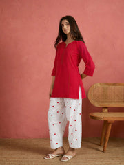 Women Red Solid Short Kurta With Heart Print Farshi Salwar