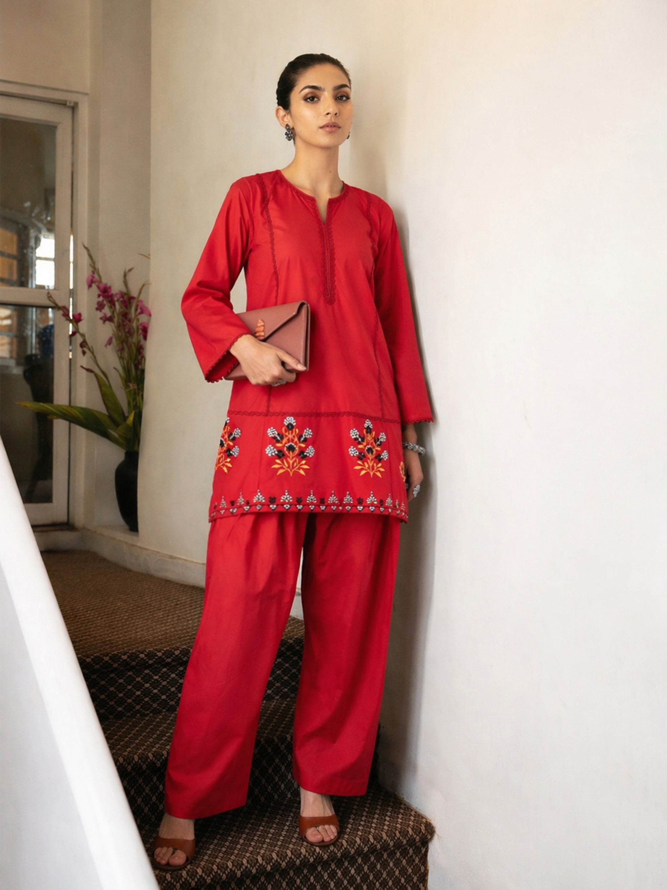 Women Red Embroidered Short Kurta With Farshi Salwar