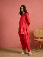 Women Red Embroidered Short Kurta With Farshi Salwar