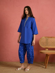 Women Royal Blue Embroidered Short Kurta With Straight Pants