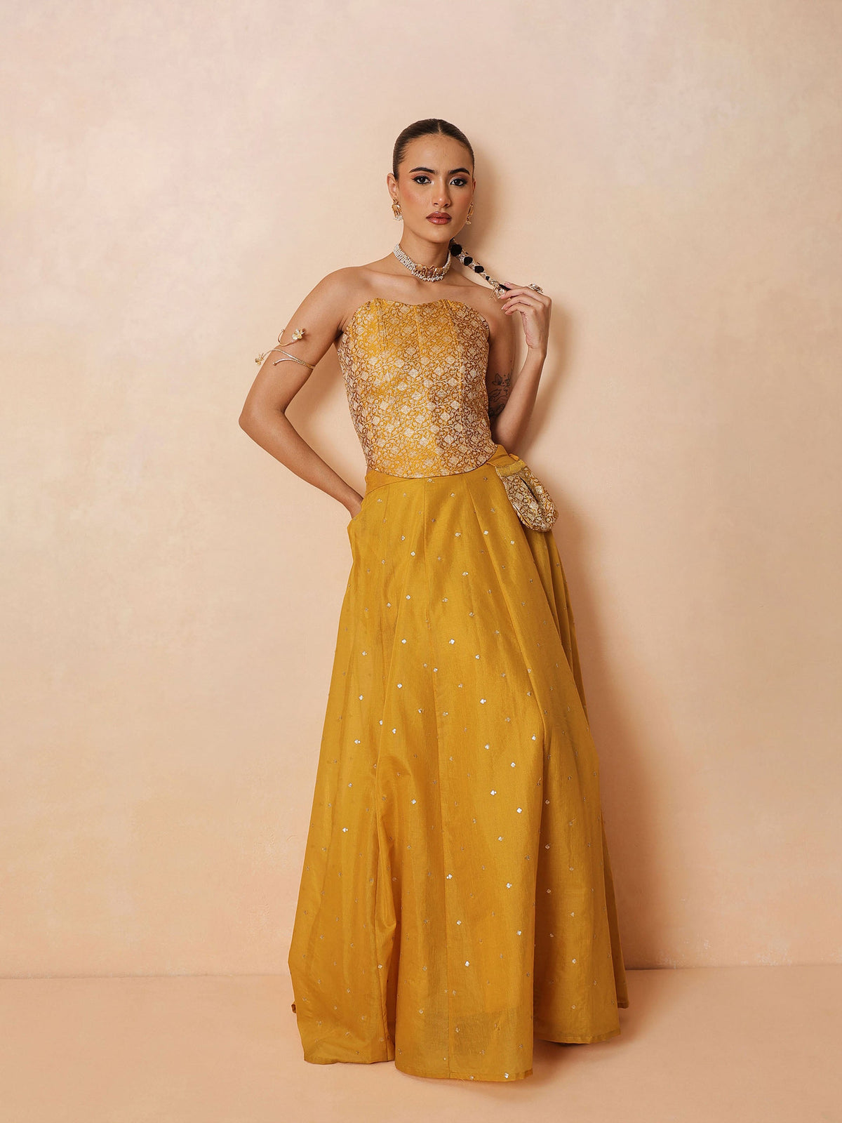 Yellow Brocade Corset Top With Chanderi Anarkali Skirt -Luxe - Shae by SASSAFRAS