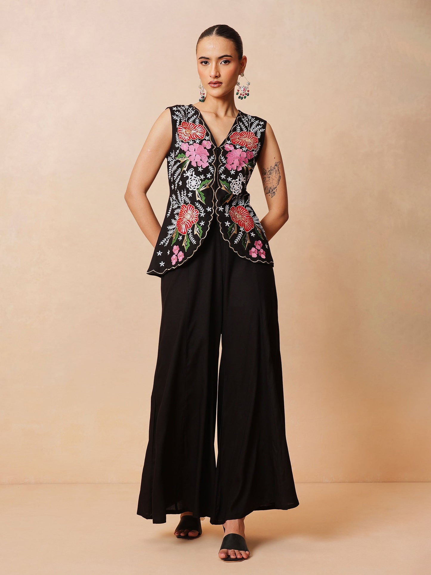 Black Embroidered Top With Palazzo Pants -Shae by SASSAFRAS