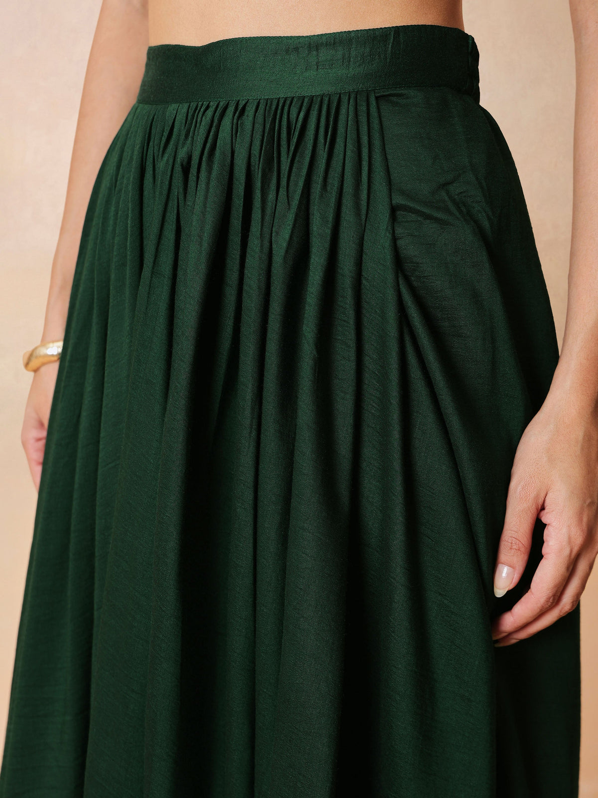 Emerald Green Embroidered Crop Top With Dhoti Skirt And Shrug-Shae by SASSAFRAS