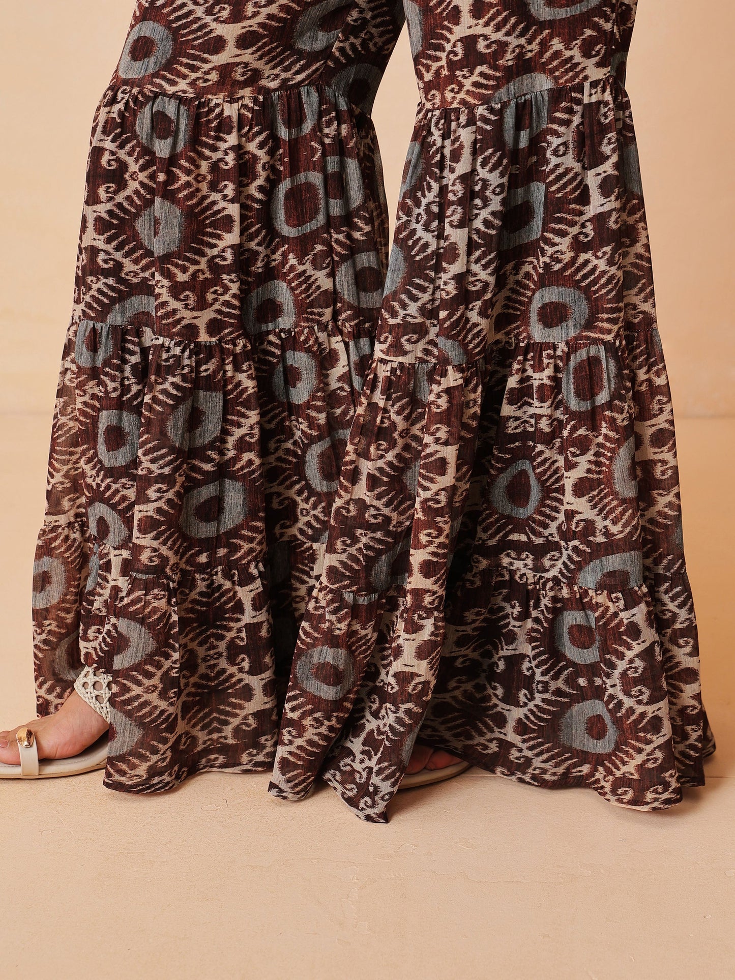 Brown & Beige Ikat Print A Line Kurti With Sharara Pants-Shae by SASSAFRAS