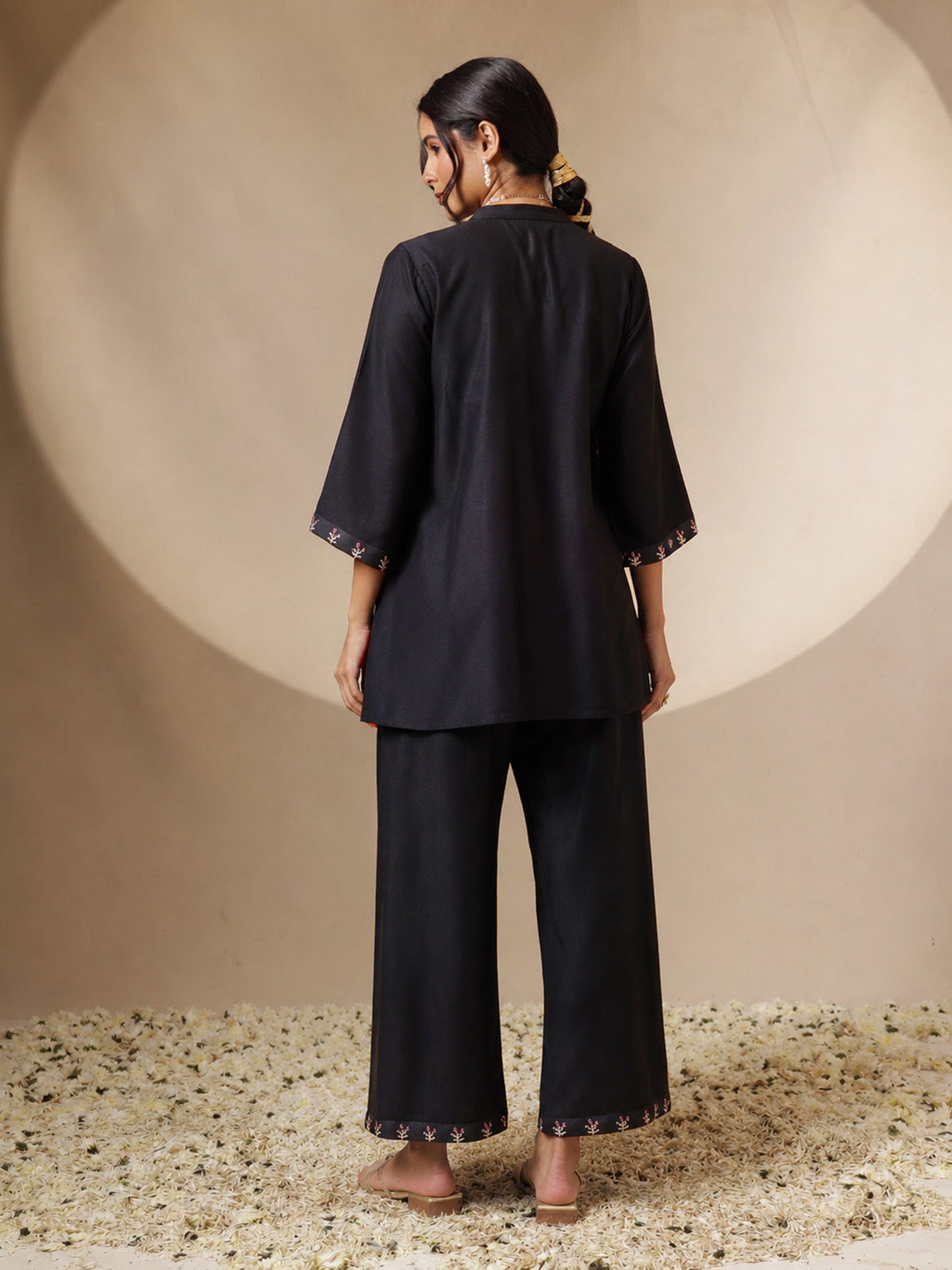 Black Front Embroidered Shirt With Palazzos-Shae by SASSAFRAS