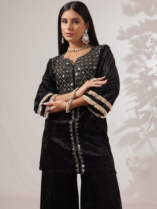 Black Velvet Neck Embroidered Short Kurta With Palazzos-Shae by SASSAFRAS