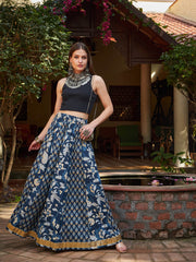 Women Navy Floral Elasticated Anarkali Skirt