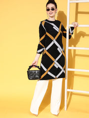 Women Black & Mustard Check Hair Wool Long Sweater