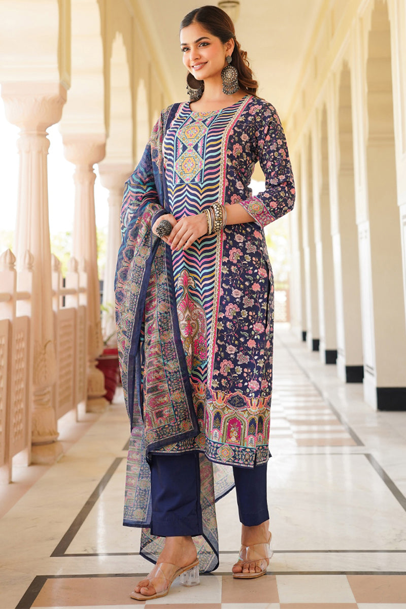 blue rayon blend ethnic motifs printed straight kurta trouser with dupatta