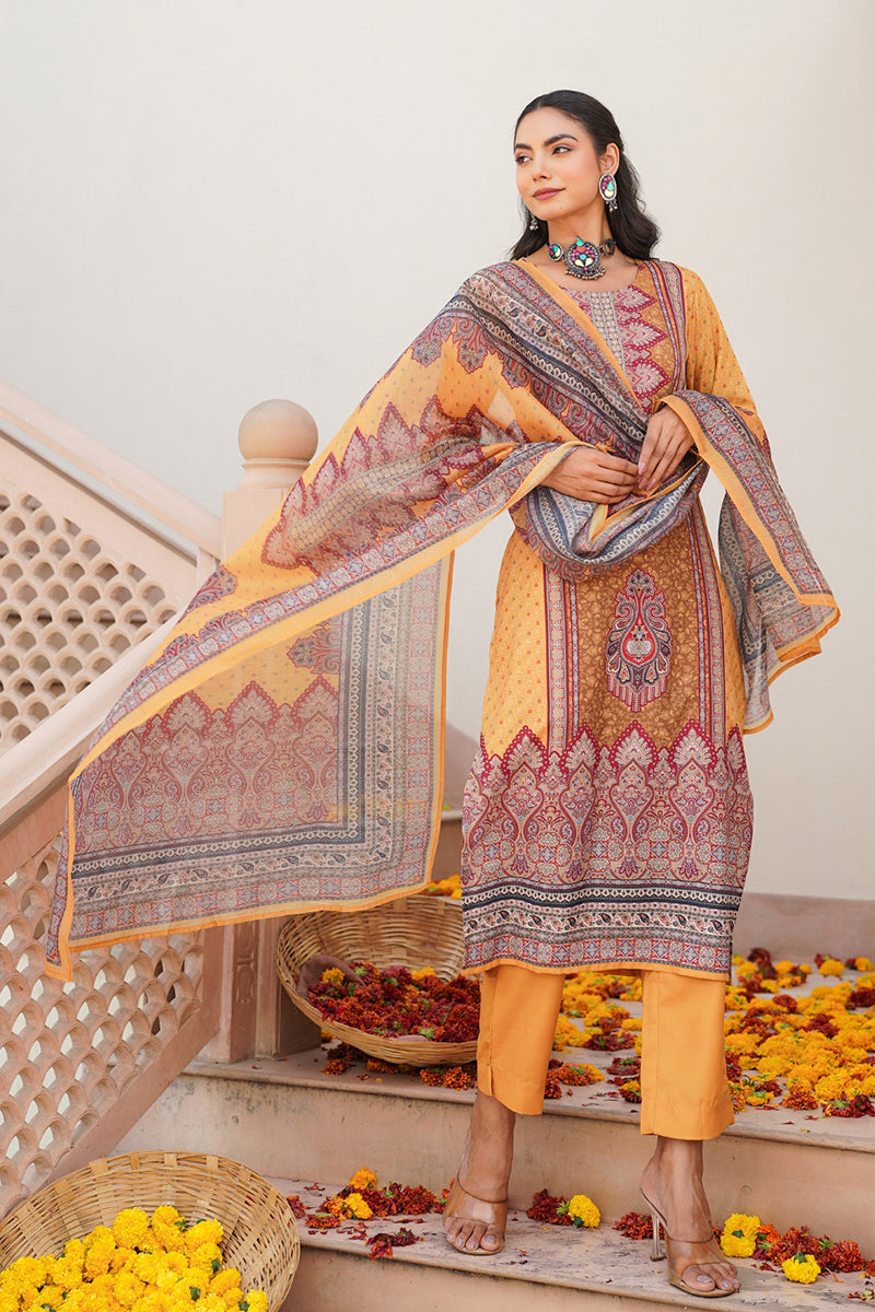 yellow rayon blend ethnic motifs printed straight kurta trouser with dupatta