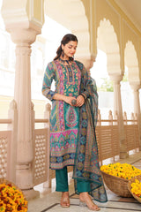 teal rayon blend ethnic motifs printed straight kurta trouser with dupatta