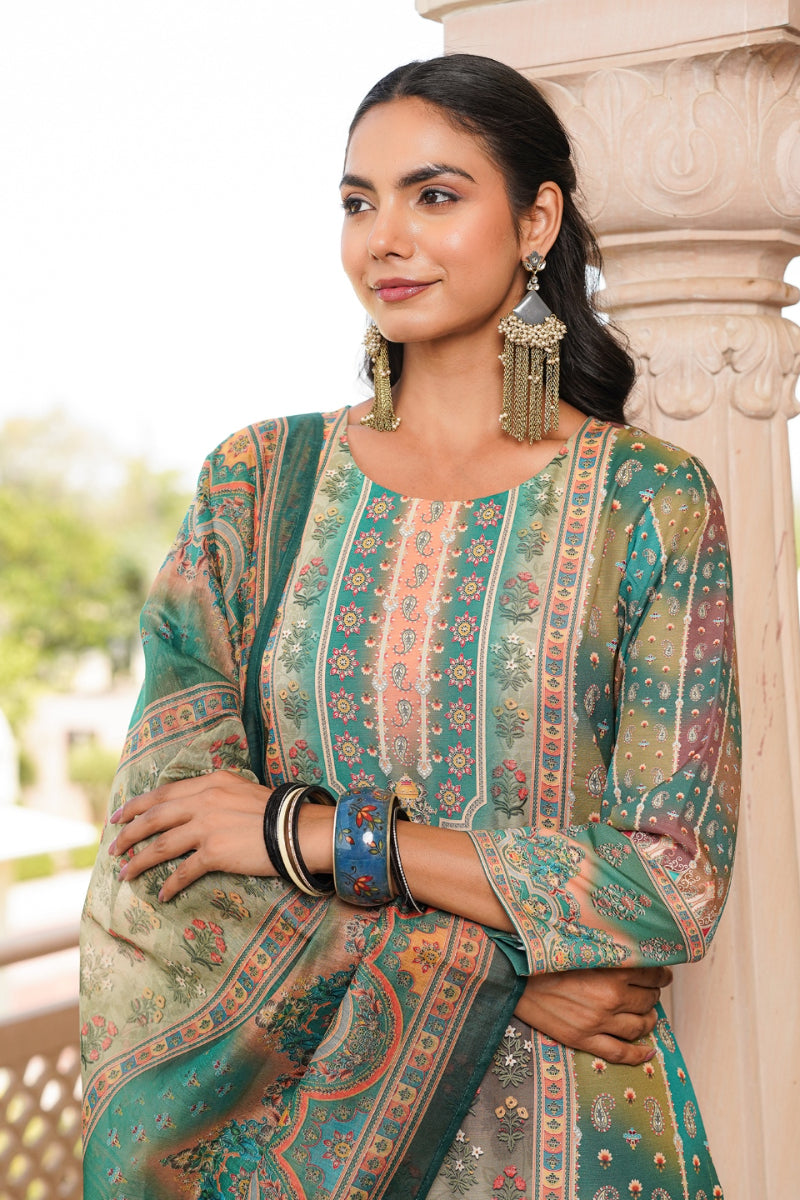 green rayon blend ethnic motifs printed straight kurta trouser with dupatta