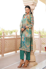 green rayon blend ethnic motifs printed straight kurta trouser with dupatta