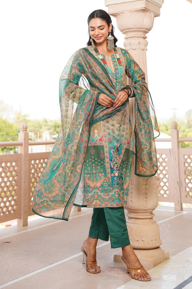 green rayon blend ethnic motifs printed straight kurta trouser with dupatta