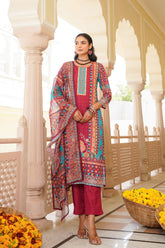 maroon rayon blend ethnic motifs printed straight kurta trouser with dupatta